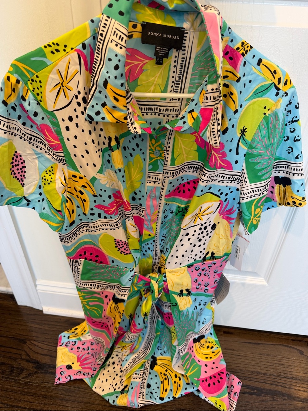 Donna Morgan Tropical Print Button-Front Dress in Aqua, Pink, Yellow, Green